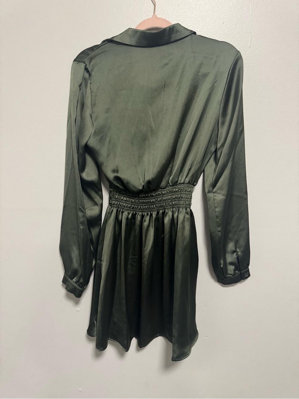 Steve Madden Long Sleeve Olive Green Satin Mini Shirtdress - Picture 6 of 9